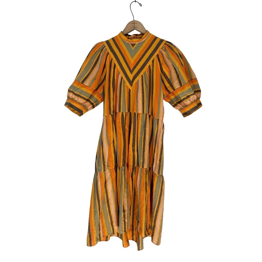 Ulla Johnson | Yellow and Orange Striped Tiered Short Puff Sleeve Dress Size 8